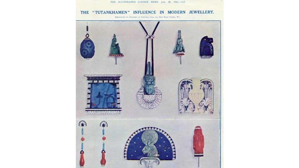 In the ad, the necklace features an Egyptian faience figurine of Nefertem. The distinctive U-shaped base with hooked motifs at each side was designed to resemble the silhouette of the beaded usekh necklaces that adorn mummies and sarcophagi, the auction house said. Cartier Art Deco Egyptian jewelry ad January 1924 The Illustrated London News